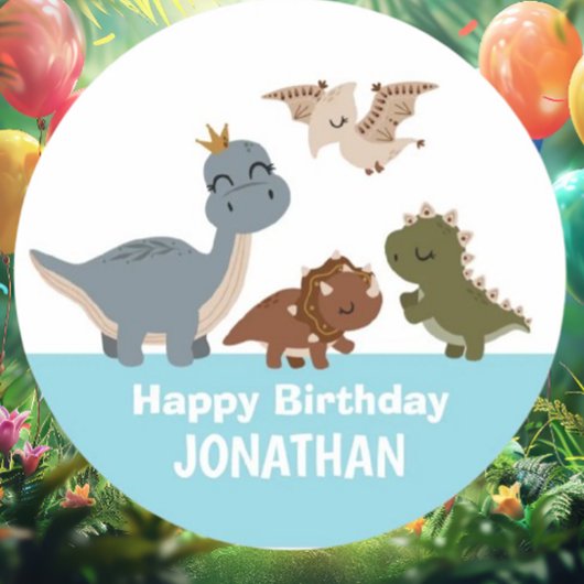Blue Boho Dinosaurus Verjaardagsfeest Ronde Sticker