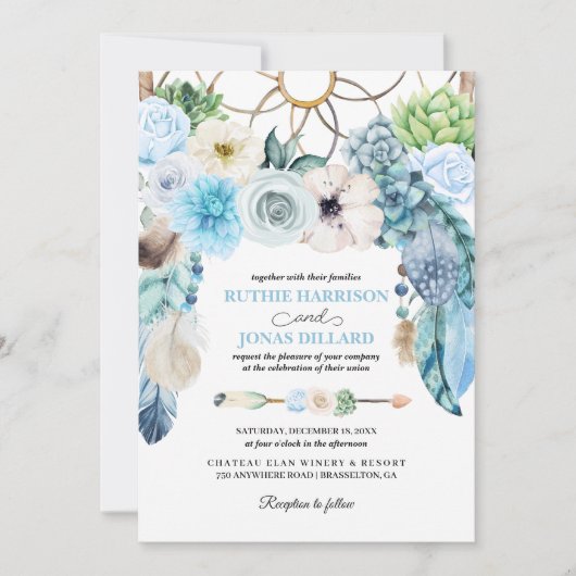 Blue Boho Drocatcher Wedding Uitnodiging (Voorkant)