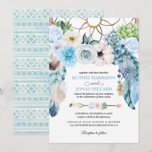 Blue Boho Drocatcher Wedding Uitnodiging (Voorkant / Achterkant)