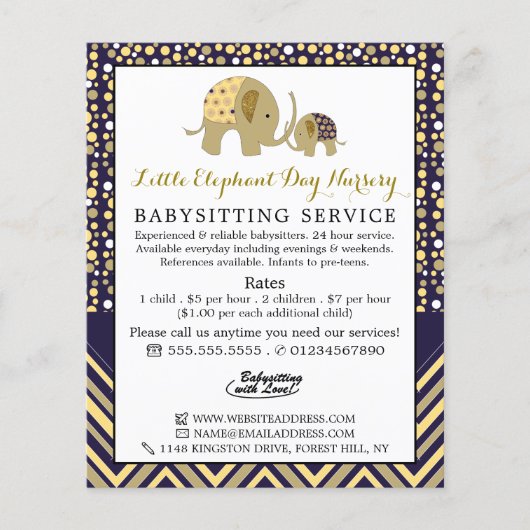 Blue Boho Elephant, Babysitter, Daycare, Nursery Flyer (Voorkant)