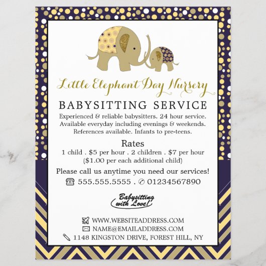 Blue Boho Elephant, Babysitter, Daycare, Nursery Flyer (Voorkant)