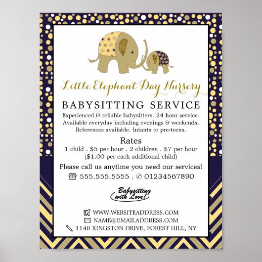 Blue Boho Elephant, Babysitter, Daycare, Nursery Poster (Voorkant)