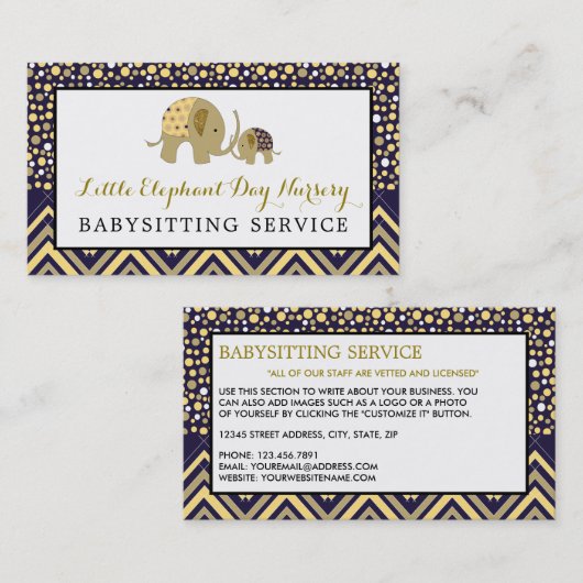 Blue Boho Elephant, Babysitter, Daycare, Nursery Visitekaartje (Voorkant / Achterkant)