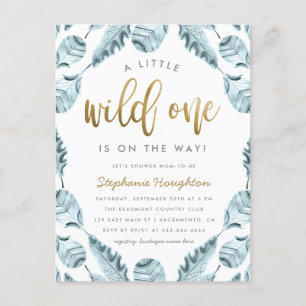 Blue Boho Feathers Gold Wild One Boy Baby shower Uitnodiging Briefkaart