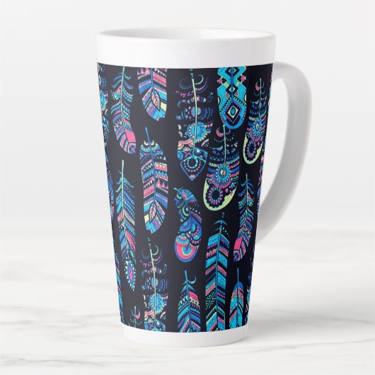 Blue Boho Feathers Pattern Latte Mok (Rechterhoek)