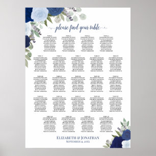 Blue Boho Floral 23 Table Wedding Seating Chart Poster