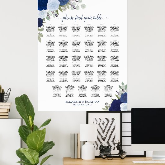 Blue Boho Floral 29 Table Wedding Seating Chart Poster (Thuiskantoor)