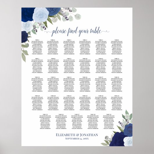 Blue Boho Floral 29 Table Wedding Seating Chart Poster (Voorkant)