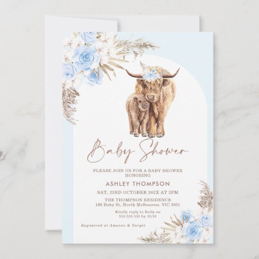 Blue Boho Floral Arch Highland Koe Baby shower Kaart (Voorkant)