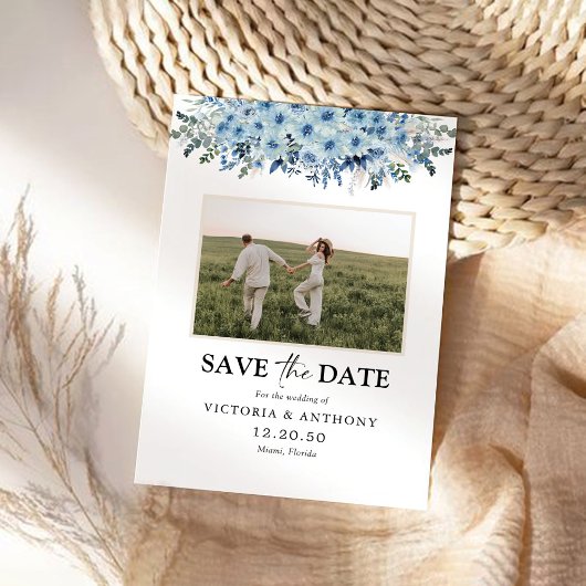 Blue Boho Floral Bewaar de datum met foto Save The Date