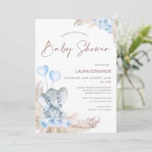 Blue Boho Floral Boys Olifant baby shower Kaart (Staand voorkant)