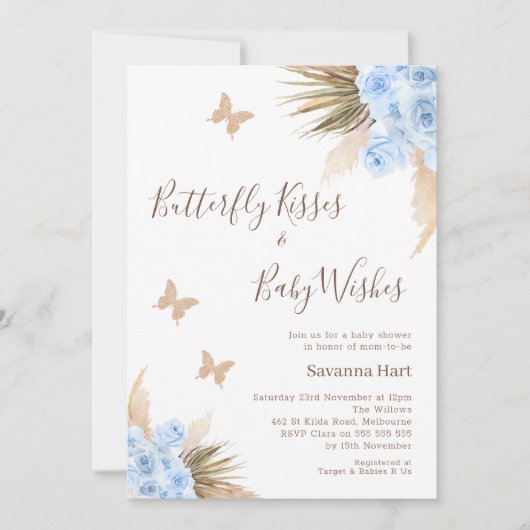 Blue Boho Floral Butterfly Kisses Baby shower Kaart (Voorkant)
