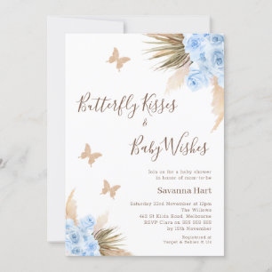 Blue Boho Floral Butterfly Kisses Baby shower Kaart