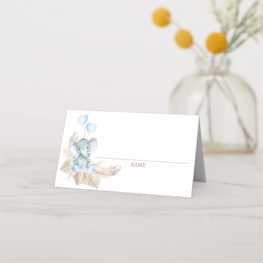 Blue Boho Floral Elephant Baby shower Place Card Plaatskaartje (Voorkant)