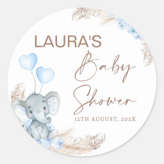 Blue Boho Floral Elephant Baby shower Ronde Sticker (Voorkant)
