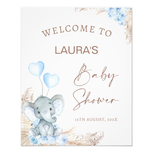 Blue Boho Floral Elephant Baby shower Welkomstbord Foto Afdruk (Voorkant)