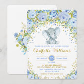 Blue Boho Floral Elephant Invite Boy Baby shower Kaart (Voorkant / Achterkant)