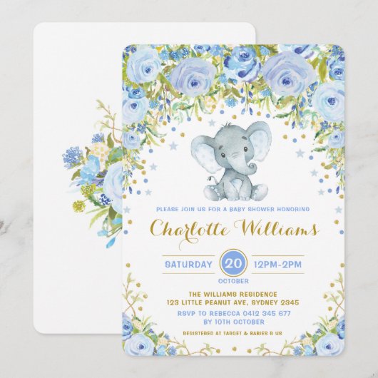 Blue Boho Floral Elephant Invite Boy Baby shower Kaart (Voorkant / Achterkant)