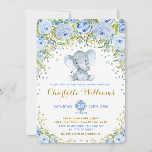 Blue Boho Floral Elephant Invite Boy Baby shower Kaart (Voorkant)