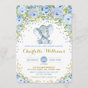 Blue Boho Floral Elephant Invite Boy Baby shower Kaart