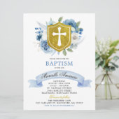 Blue Boho Floral en Gold Crest Baptism Invitation Kaart (Staand voorkant)