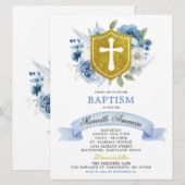 Blue Boho Floral en Gold Crest Baptism Invitation Kaart (Voorkant / Achterkant)