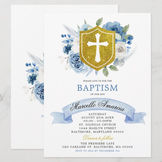 Blue Boho Floral en Gold Crest Baptism Invitation Kaart (Voorkant / Achterkant)