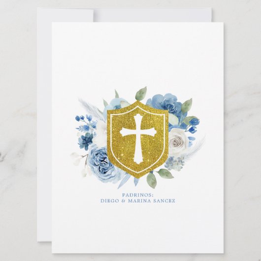 Blue Boho Floral en Gold Crest Baptism Invitation Kaart (Achterkant)