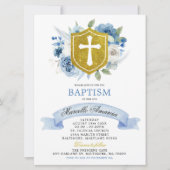 Blue Boho Floral en Gold Crest Baptism Invitation Kaart (Voorkant)