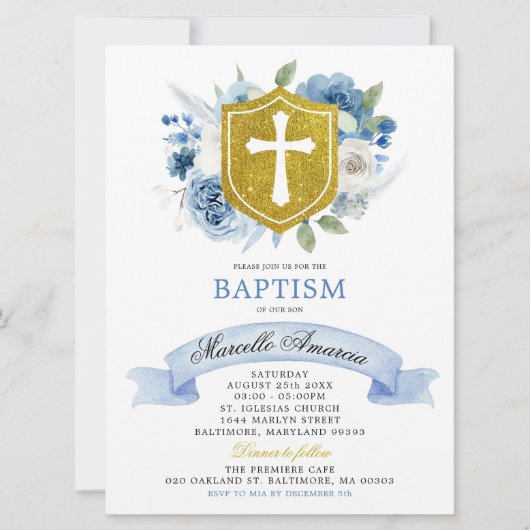 Blue Boho Floral en Gold Crest Baptism Invitation Kaart (Voorkant)