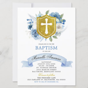 Blue Boho Floral en Gold Crest Baptism Invitation Kaart