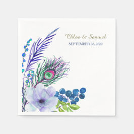 Blue Boho Floral Feather Wedding Servet