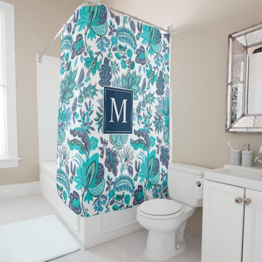 Blue Boho  Floral Monogram Douchegordijn (In situ)