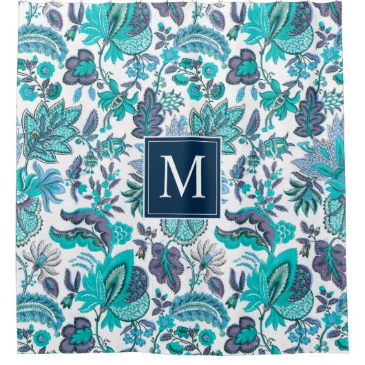Blue Boho  Floral Monogram Douchegordijn (Voorkant)