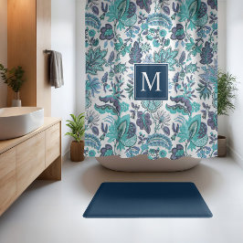 Blue Boho  Floral Monogram Douchegordijn