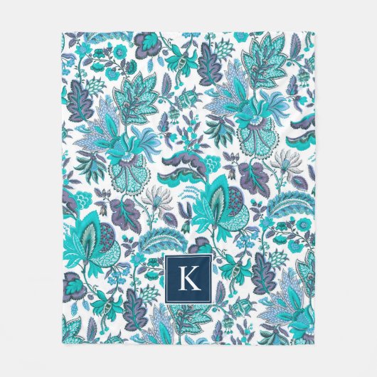 Blue Boho Floral Monogram Fleece Deken (Voorkant)