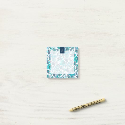 Blue Boho  Floral Monogram Post-it® Notes (Op bureau)