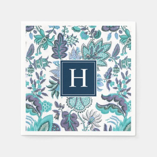 Blue Boho  Floral Monogrammed Servet (Voorkant)