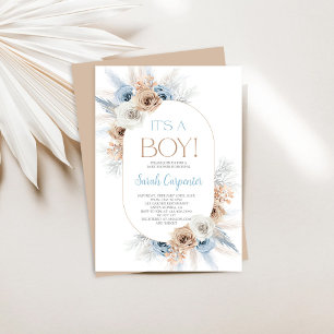 Blue Boho Floral Pampas Grass Baby shower Boy Kaart