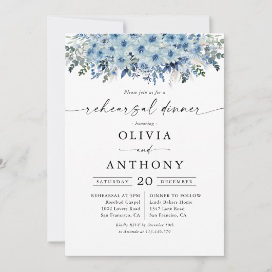 Blue Boho Floral Repetitie Diner Uitnodiging (Voorkant)