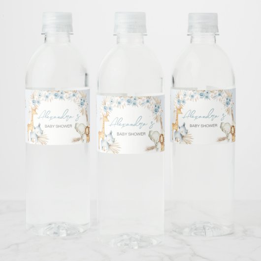 Blue Boho Floral Safari Baby shower Waterfles Etiket (Flessen)
