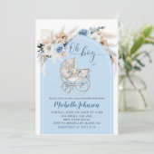 Blue Boho Floral Stroller Boy Baby shower Kaart (Staand voorkant)