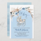 Blue Boho Floral Stroller Boy Baby shower Kaart (Voorkant / Achterkant)
