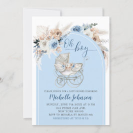 Blue Boho Floral Stroller Boy Baby shower Kaart