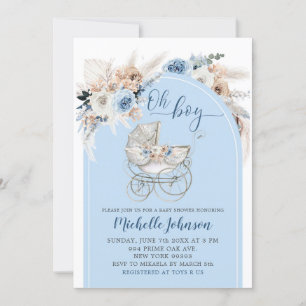 Blue Boho Floral Stroller Boy Baby shower Kaart