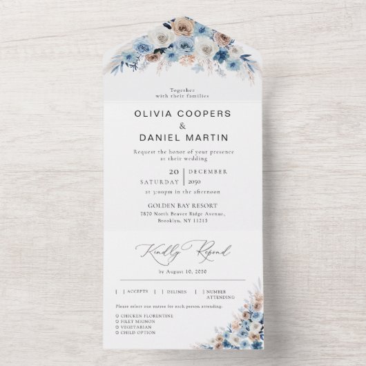 Blue Boho Floral Wedding Alles in één Uitnodiging (Binnen)