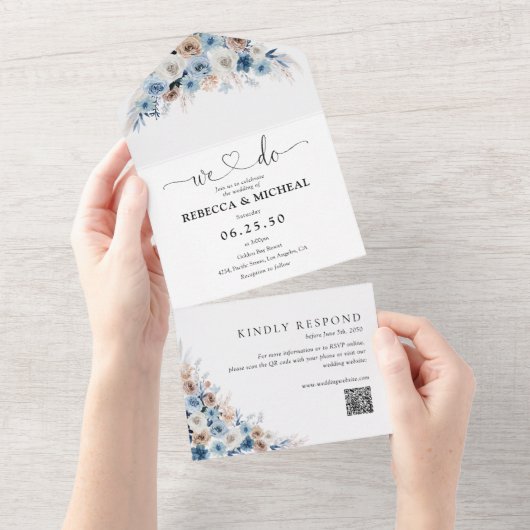 Blue Boho Floral Wedding Alles in één Uitnodiging (Afscheurbaar)