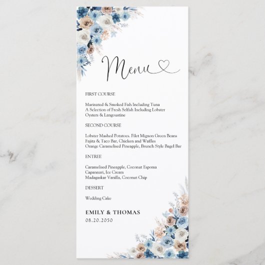 Blue Boho Floral Wedding Ceremony Menu (Voorkant)
