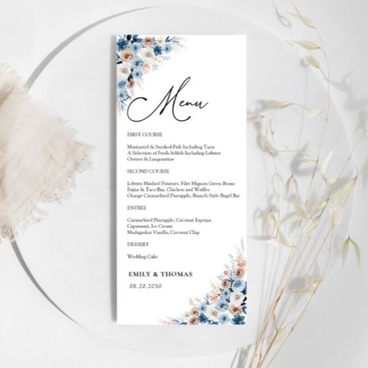 Blue Boho Floral Wedding Ceremony Menu