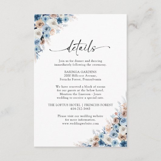 Blue Boho Floral Wedding Details Kaart (Voorkant)